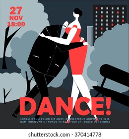 Couple of lovers dancing outdoors drawing. Bold senior leans against the lady in sexy red dress. Use this illustration for cd cover, poster, banner, ticket, invitation, flyer.
