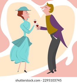 couple of lovers dancing while drinking glass of wine, Mid Century Modern retro vintage theme