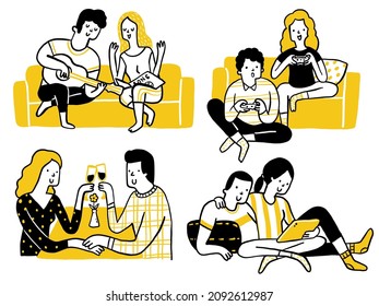 Couple lovers doing activities at home together, playing guitar, playing video games, drinking wine, and watch movie from tablet. Doodles, hand drawn sketch, cute and funny style.