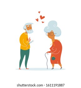 Couple of lovers elderly on a date. Old man with flowers for an old woman. True love. Love card