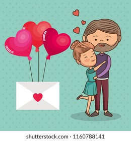 couple lovers with envelope and balloons helium