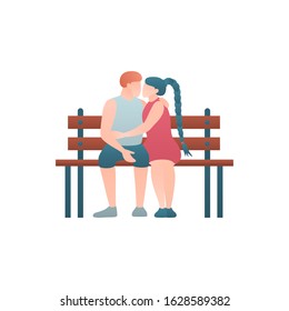 Couple lovers flat illustration. Relationships of beloved man and woman. The couple sitting on a bench hugging and kiss. Romantic family concept relationship between wife and husband.