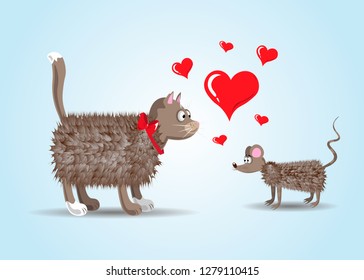 Couple of lovers Funny cartoon cat and rat with hearts