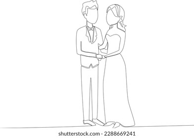 A couple of lovers get married in an elegant dresses. Wedding one-line drawing