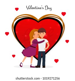 Couple lovers girl and boy in front of the hearts. Flat design stylish illustration. Valentines Day Card