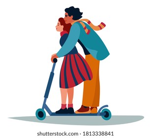 a couple of lovers, a girl and a young man in autumn clothes are riding an electric scooter