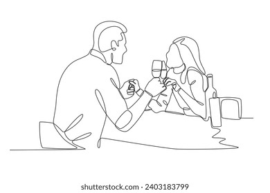 Un par de amantes tienen una cena romántica. Cena con luz de velas, dibujo de una línea