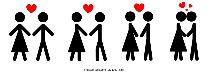 Couple of lovers and heart. Romantic Relationship. Man and Woman Kissing. Boyfriend and Girlfriend Love Each Other. Wedding or Valentine's Day.  Simple Icon Stick Figure. Black and White Vector. 