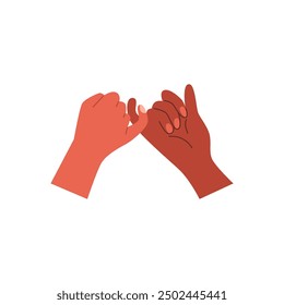 Couple lovers hold hands, holding pinky fingers vector flat illustration. Cartoon romantic afro human arm gesture emoji icon. Unity and friendship concept, sympathy and appreciate sign