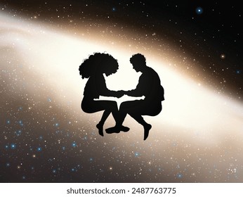 Couple of lovers hold hands. Couple silhouette. Spiral galaxy in space