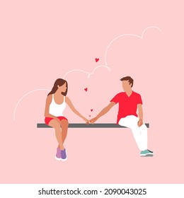 A couple of lovers hold hands while sitting on a bench. Romantic vector illustration for St. Valentine's day