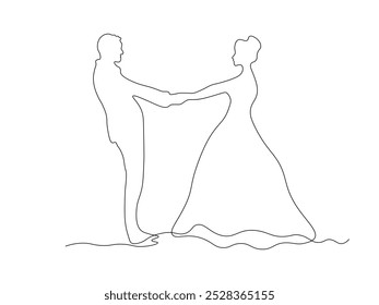 casal de amantes segurando mãos, recém-casados, contínua uma linha arte mão desenho esboço, logotipo