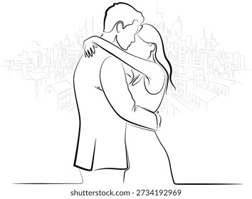 A couple of lovers hugging against the background of the city, one line art minimalism in black and white