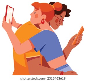 Couple of lovers hugging each other, but looking at mobile phones over shoulder. Relationship communication problem and internet social network addiction concept.