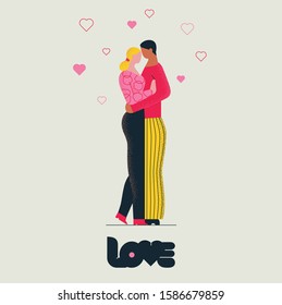 Couple of lovers hugging face to face. Flat illustration for Valentines day