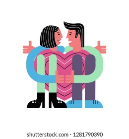 A couple of lovers hugging a heart. Man and woman. Card for Valentine's Day. Abstract people. Vector illustration in flat style.