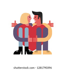 A couple of lovers hugging a heart. Man and woman. Card for Valentine's Day. Abstract people. Vector illustration in flat style.