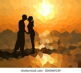 A couple of lovers kiss at sunset. Happy Valentine's Day. Vector illustration