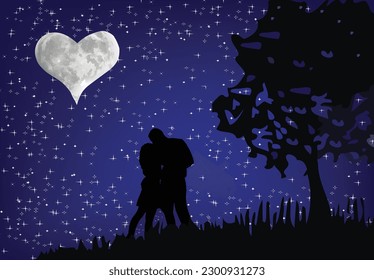 Couple of lovers kiss under the starry sky with the moon in the shape of a heart-