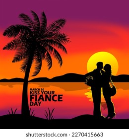 A couple of lovers kissing at sunset on the beach, and bold text to commemorate Kiss Your Fiance Day on March 20