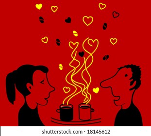 Couple of lovers, looking at each other in loved with coffee