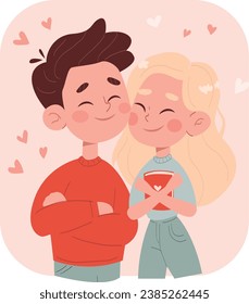 un par de amantes. Amar la ternura y el concepto de sentimientos románticos. Joven pareja sonriente, muchacho y niña parados abrazándose abrazándose en el amor vectorial ilustracion. Día de San Valentín