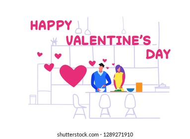 couple lovers making dinner happy valentines day concept man woman cooking together at home modern kitchen interior sketch doodle heart shapes greeting card horizontal