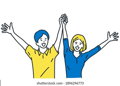 Couple lovers, man and woman, holding and raising hands in the air, happy and smiling together. Outline, linear, thin line art, hand drawn sketch design, simple style. 