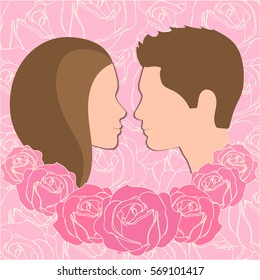 Couple of lovers, a man and a woman in profile, looking at each other. Beautiful background with pink roses, a garland of roses.