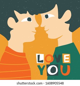 Couple of lovers men. Male love. Lgbt couple. Gay couple. Love you. Can be used for poster, greeting card, valentine's day decoration, invitation. Vector hand drawn illustration