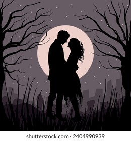 A couple of lovers on the background of the moon