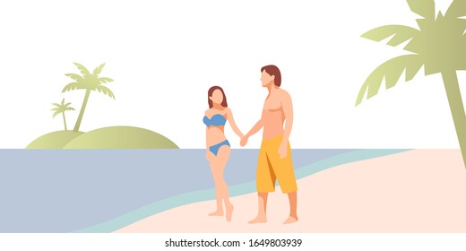 Couple of lovers on the beach. Woman holding hands with man on seashore. Tropical islands. Palm trees. Traveling picnic concept. Boyfriend and girlfriend. Honeymoon on island - Flat illustration.