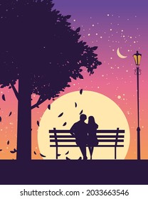 Couple lovers on bench in park, under tree, autumn. Sunset, night, stars. Vector illustration silhouette