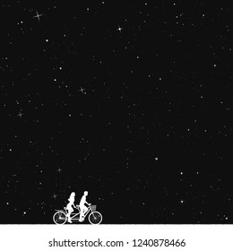 Couple of lovers on bike tandem in park at night. Vector illustration with silhouettes of cyclists on bicycle under starry sky. Inverted black and white