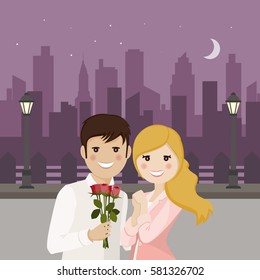 Couple of lovers on a romantic date with night square background