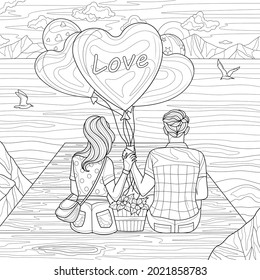 Couple of lovers on the seashore with balloons.Coloring book antistress for children and adults. Illustration isolated on white background.Zen-tangle style. Hand draw