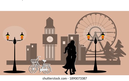 a couple of lovers on the street under the fanar , bike, england, city