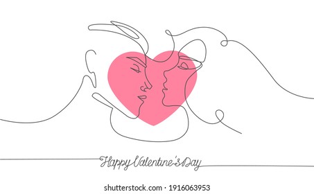 Couple Of Lovers In One Line, Valentine's Day. Black And White Drawing And Pink Heart.