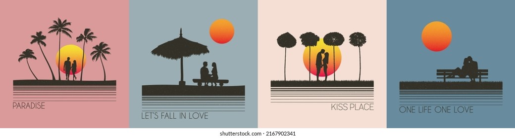 Couple of lovers. People in love. Summer vacation. Retro t-shirt set