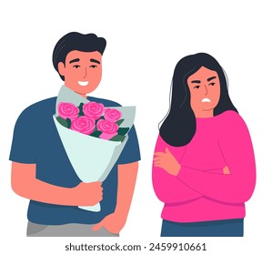 A couple of lovers are quarreling. A man gives a bouquet to an offended girl. Vector graphics.