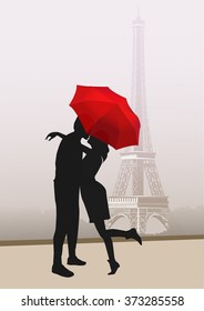Couple of lovers with red umbrella, in Paris with the Eiffel Tower on background. Vector illustration