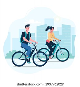 A couple of lovers ride modern electric bicycles. Alternative environmentally friendly transport, healthy lifestyle. Woman and man, friends on a bike ride. Vector, flat style