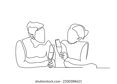 couple lovers romantic drinking wine together line art