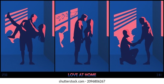 Couple of lovers. Romantic silhouettes at window. Home self-isolation