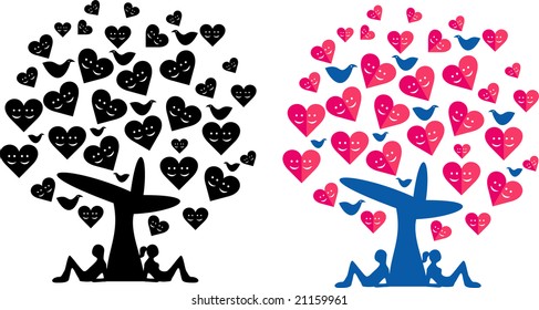 Couple of lovers sit under the tree of happy hearts