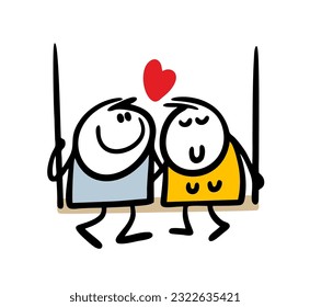 Couple of lovers are sitting on a swing and talking about feelings. Vector illustration of man and woman enjoying socializing together. Hand drawn stick figure character isolated on white background.