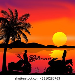 A couple of lovers standing beside their respective motorbikes at sunset with bold text to commemorate World MotorCycle Day on June 21