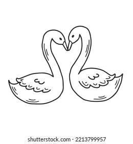 Couple of lovers swans doodle. Black and white hand drawn pair of birds as a love symbol. Isolated vector illustration for wedding, invitation, greeting card, valentines day, relationship