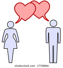 A couple of lovers talk love in heart speech bubbles at valentines or any time.