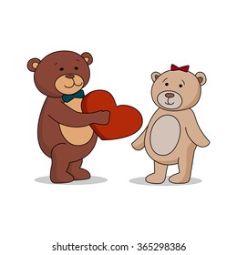 Couple lovers of teddy bears with heart in hands. Bear gives a red heart female bears. Bear sheepishly from the proposal. Happy Valentines Day. Vector illustration EPS 10